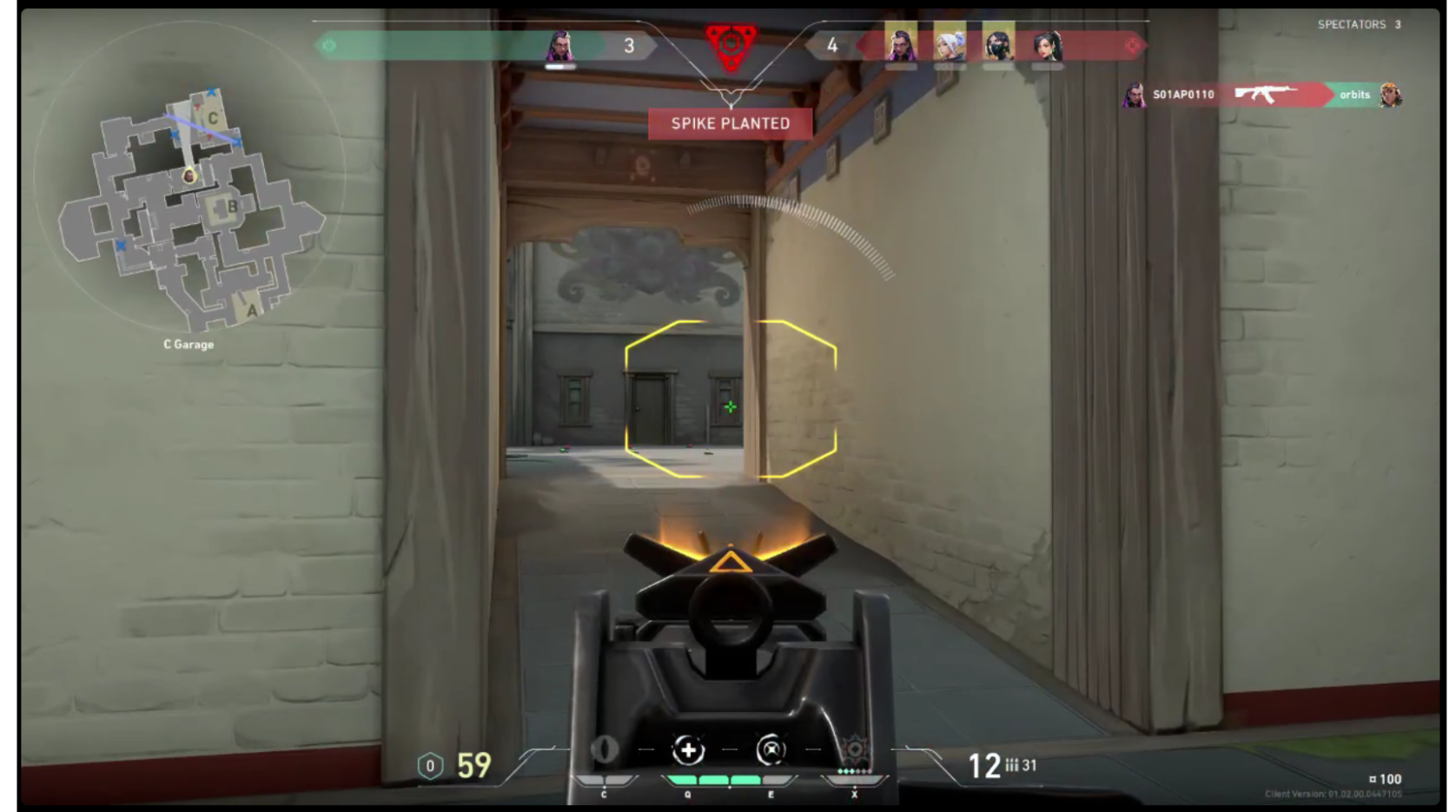 A screenshot of the Valorant in-gamer interface. The user is play Reyna and is scoping their gun, waiting for an enemy at a corner. They are the last one standing in a 1v4 situation.
