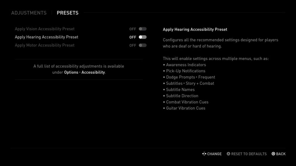 Hearing preset, which includes awareness indicators, pick-up notifs, dodge prompts, subtitles, combat vibration, etc.