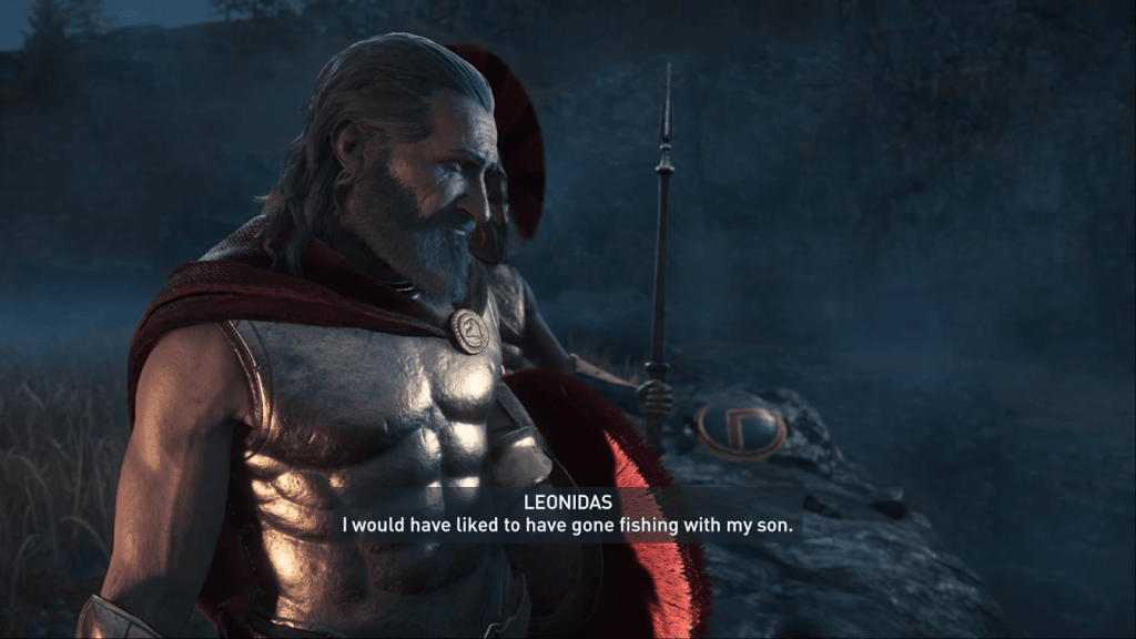 A warrior staring off into the distance. Text reads, LEONIDAS: I would have liked to have gone fishing with my son.