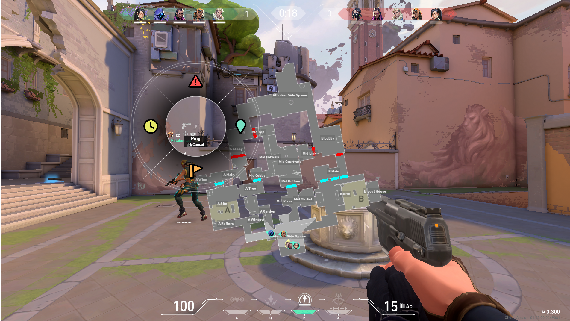 Showcasing the ping system: one alert ping, a location ping, a flag ping, and a clock ping.