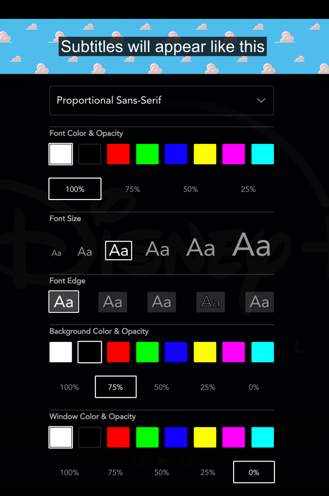 Subtitles features with colors, size, font edge, background color/opacity, window color/opacity, etc.