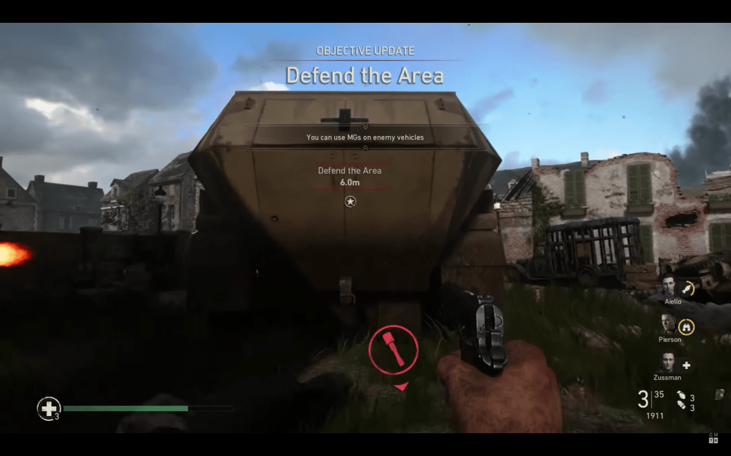 The user is defending a point. A red grenade icon is visible that is pointing behind the user.